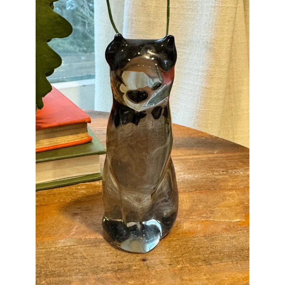 Vintage Smoky Grey Reijmyre Glass Cat Figurine Feline Paperweight MCM Sweden